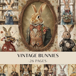 Op de afbeelding: Een collage van vintage-stijl illustraties met antropomorfe konijnen in verschillende scènes. De konijnen dragen Victoriaanse kleding en zijn bezig met activiteiten zoals het bespelen van instrumenten en lezen. De tekst "VINTAGE BUNNIES -26 PAGES-" is zichtbaar.