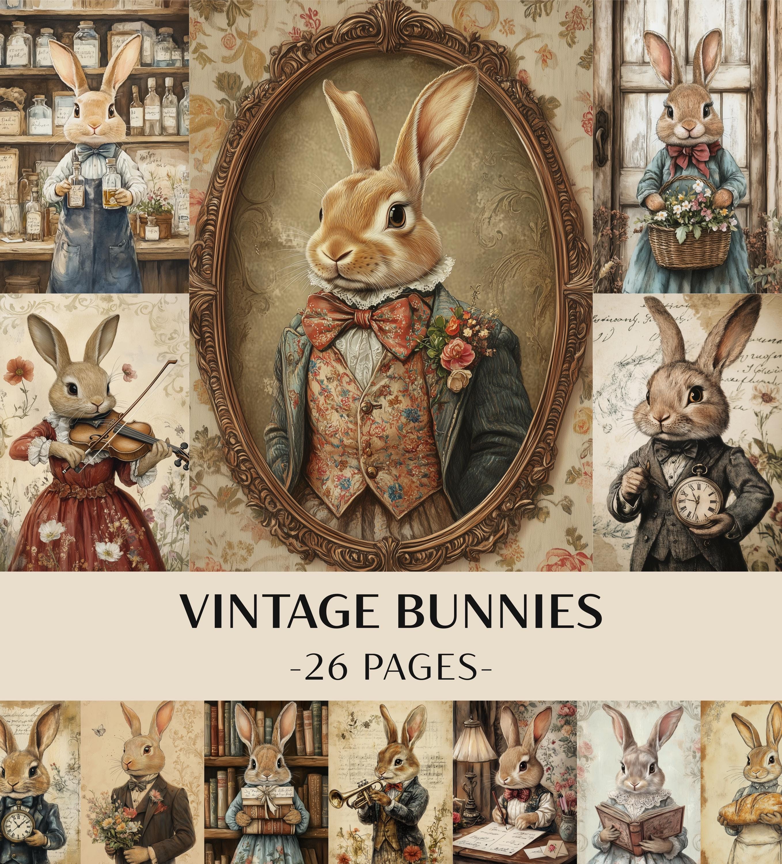 26 Vintage Bunnies Junk Journal Kit | Victorian Rabbit Printable Pages ...