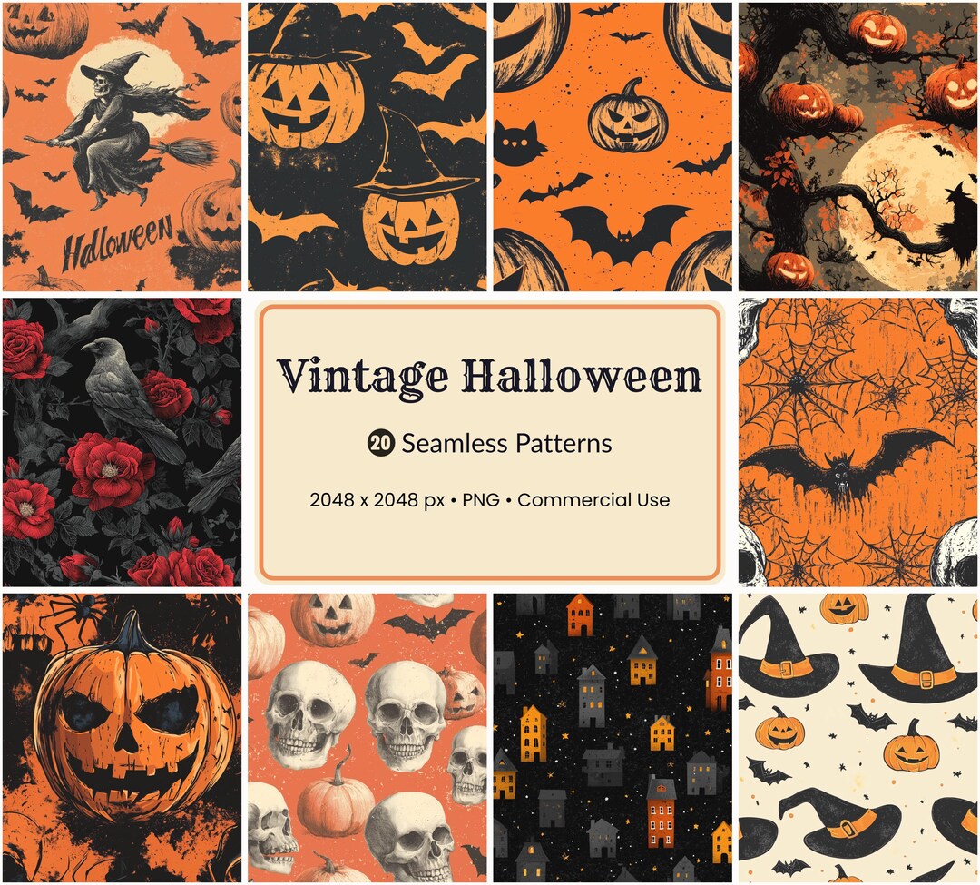 20 Vintage Halloween Seamless Patterns | Spooky Retro Digital Papers