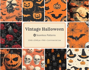 20 sömlösa vintage Halloween-mönster | Läskiga retro digitala papper | Pumpor, fladdermöss, häxor, dödskallar | Halloween-klippbok, PNG