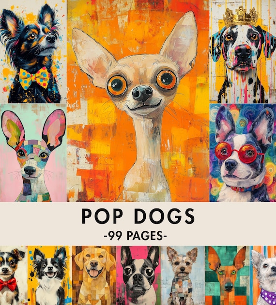 Pop Art Dog Junk Journal Kit: Colorful Pet Portraits, Puppy Scrapbook Ephemera (Digital Download)