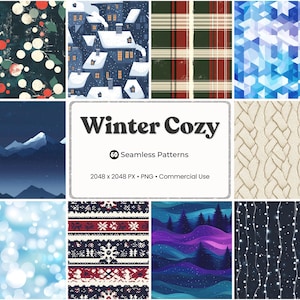 Può includere: Una collezione di 60 motivi invernali senza cuciture. I motivi includono illustrazioni di tetti innevati, quadri, forme geometriche, paesaggi montani e motivi di maglioni festivi. Il testo "Winter Cozy" è visualizzato al centro.