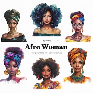 Peut inclure: Collection d'art numérique avec six portraits de femmes afro. Chaque portrait présente une femme avec des coiffures, des foulards et des bijoux uniques. L'image comprend le texte "Afro Woman" et "48 PNGs".