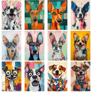 May include: A collection of twelve colorful dog portraits. Each artwork features a different breed, with vibrant, abstract patterns and bold colors. The dogs' expressions range from playful to serene, set against various background hues.