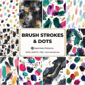May include: A collection of seamless patterns featuring brush strokes and dots in various colors. The patterns include abstract designs with splashes of gold, black, pink, teal, and blue. The image includes the text "BRUSH STROKES & DOTS", "27 Seamless Patterns", and other details.