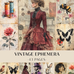 Può includere: Un collage di effimeri vintage con una donna in abito rosso, rocchetti di filo, una rosa, un'ape e una farfalla. Il testo "VINTAGE EPHEMERA -43 PAGES-" è presente. Lo stile è antico e artistico.