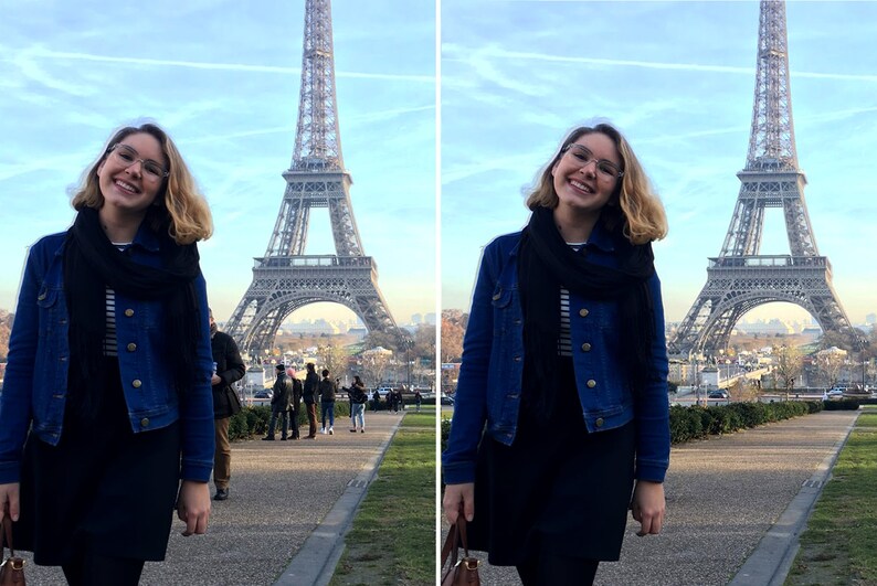 May include: A woman wearing a blue denim jacket, a black scarf, and a black skirt smiles in front of the Eiffel Tower in Paris, France.