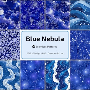 May include: A collection of blue seamless patterns with various designs, including cloud-like formations, dotted textures, and abstract lines. The image includes the text "Blue Nebula" and details about the patterns.