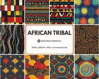 44 African Tribal Seamless Patterns PNG, Boho Digital Papers, Abstract Dots & Geometric Backgrounds, 2048x2048, Commercial Use, Cricut, mugs