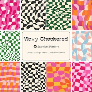 Peut inclure: Présentation de huit motifs à carreaux ondulés dans différentes palettes de couleurs, notamment rose, noir, vert, orange et bleu. Le texte "Wavy Checkered" et "28 Seamless Patterns" est affiché dans un encadré crème, illustrant les motifs.