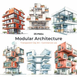 May include: Watercolor illustrations of modern modular architecture in various designs. The image includes buildings with glass walls, balconies, and rooftop gardens. Text reads "Modular Architecture" and "35 PNGs".