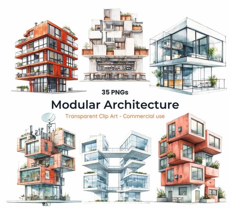 May include: Watercolor illustrations of modern modular architecture in various designs. The image includes buildings with glass walls, balconies, and rooftop gardens. Text reads "Modular Architecture" and "35 PNGs".
