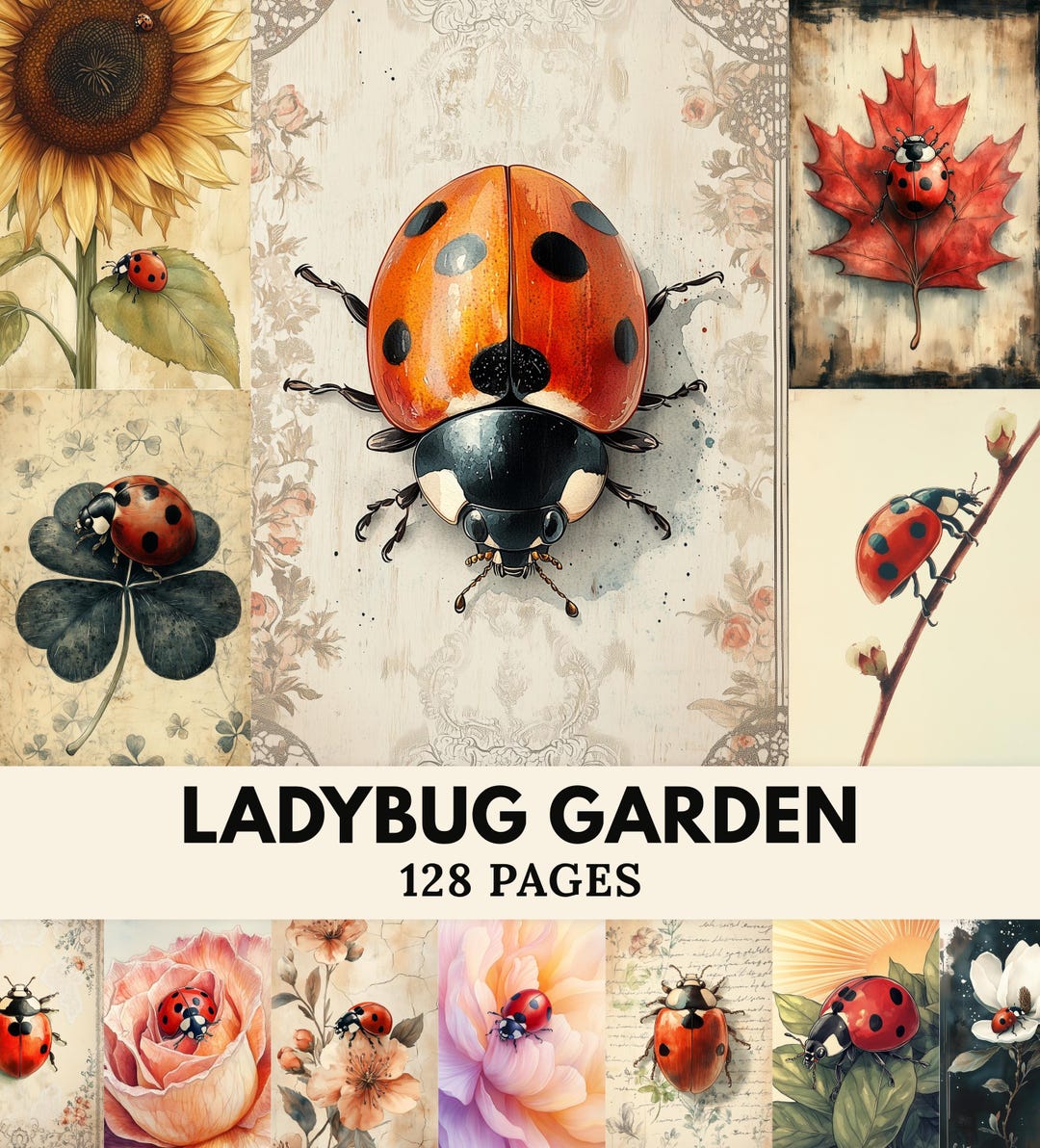 Ladybug Garden Junk Journal Kit, Vintage Ephemera, Watercolor Nature ...
