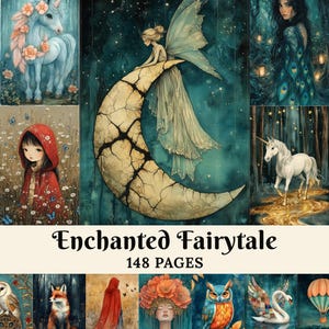 Puede incluir: Una colección de láminas de arte de fantasía con un unicornio, un hada en una luna creciente y una niña con una capa roja. Las láminas tienen un estilo de acuarela con colores suaves y el texto "Enchanted Fairytale 148 Pages".