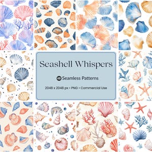 以下が含まれることがあります： 青、コーラル、ベージュの色合いの水彩貝殻模様のコレクション。画像には、さまざまな貝殻のデザイン、サンゴ、ヒトデが含まれています。画像上のテキストは「Seashell Whispers」と「40 Seamless Patterns」です。
