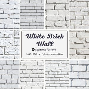 Könnte beinhalten: Eine Sammlung von weißen Backsteinmauer-Mustern. Das Bild zeigt verschiedene nahtlose Muster von weißen Backsteinmauern mit unterschiedlichen Texturen und Anordnungen. Ein zentrales Schild zeigt "White Brick Wall" mit Details zu den Mustern.