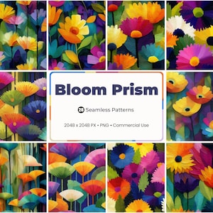 Op de afbeelding: Een levendig digitaal kunstwerk met een verzameling kleurrijke bloempatronen. De afbeelding toont een verscheidenheid aan bloemen in tinten geel, oranje, roze en paars, met de tekst "Bloom Prism" en details over de naadloze patronen.