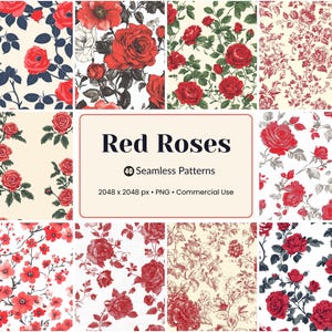 40 Red Roses Seamless Patterns - Vintage Floral Backgrounds - Romantic Rose PNG Textures for Sublimation & Commercial Use