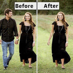 May include: The image shows a before-and-after comparison of a photo. The "Before" side depicts a couple walking on grass. The "After" side shows the woman alone. The woman wears a black dress and the man wears a black shirt and jeans.
