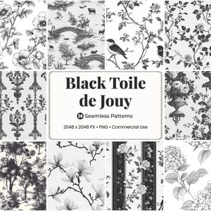 以下が含まれることがあります： 花柄、植物柄、牧歌的なデザインの白黒シームレスパターン集。パターンには、花、鳥、橋、木の画像が含まれています。中央には「Black Toile de Jouy」の文字が表示されています。