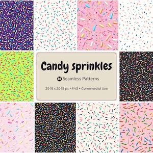 Puede incluir: Nueve patrones sin costuras con chispas de caramelo de colores sobre varios fondos, incluyendo morado, rosa, verde y negro. La imagen incluye un cuadro de texto central que dice "Candy sprinkles" y "36 Seamless Patterns".