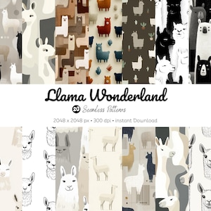Llama Wonderland Seamless Pattern Pack: 20 Digital Designs (PNG)