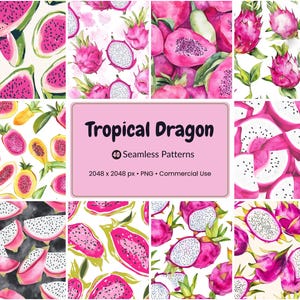 Puede incluir: Una colección de patrones sin costuras en acuarela con fruta del dragón tropical. Los patrones muestran la vibrante pulpa rosa y blanca de la fruta, junto con hojas verdes. La imagen incluye el texto "Tropical Dragon" y "40 Seamless Patterns".