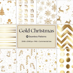 May include: A collection of 22 gold Christmas seamless patterns. The patterns include Christmas trees, gift boxes, snowflakes, reindeer, stripes, zigzags, bells, candy canes, stars, and polka dots. The text in the image reads "Gold Christmas".