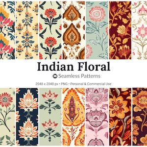 Indian Floral Seamless Pattern Bundle – 36 Bold Boho PNG Backgrounds for Wedding, Fabric, Wallpaper & Commercial Use