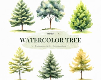 29 Watercolor Tree Clipart, Green Pine Trees, Forest Landscape, Transparent PNGs, Digital Download, Commercial Use DIY Crafts Art Bundle