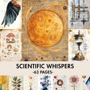 Könnte beinhalten: Eine Collage von Illustrationen im Vintage-Stil mit wissenschaftlichem Thema. Enthält Bilder von einem Flügel, Pilzen, einem sonnenähnlichen Himmelskörper, einer Sanduhr und botanischen Zeichnungen. Der Text "SCIENTIFIC WHISPERS -63 PAGES-" wird angezeigt.