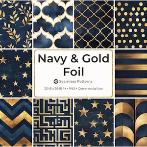 May include: A collection of navy blue and gold foil seamless patterns. The patterns include gold stars, leaves, geometric shapes, and a chevron design. The image includes the text "Navy & Gold Foil" and "43 Seamless Patterns".