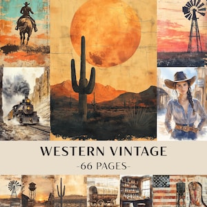 Puede incluir: Un collage de grabados artísticos vintage con temática del Oeste. Las imágenes incluyen un vaquero a caballo, un paisaje desértico con un gran cactus y un sol poniente, un tren de vapor, una mujer con sombrero de vaquero y un molino de viento. Se muestra el texto "WESTERN VINTAGE -66 PAGES-".