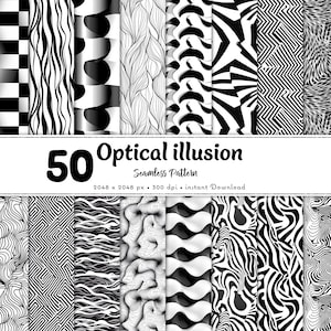 May include: A set of 50 black and white optical illusion seamless patterns. The patterns are 2048 x 2048 pixels and 300 dpi. They are available for instant download.