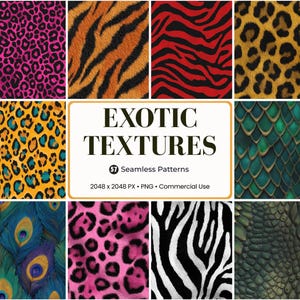 Può includere: Una collezione di nove motivi di stampa di animali esotici. I motivi includono disegni di leopardo, tigre, zebra, serpente e piume di pavone. L'immagine include anche il testo "EXOTIC TEXTURES" e dettagli sui motivi.
