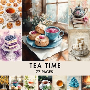 Tea Time Junk Journal Kit: Digitalt papper för akvarell eftermiddagste (77 sidor)