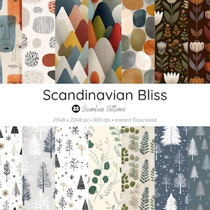 Puede incluir: Una colección de 25 patrones sin costuras con temática escandinava. Los patrones presentan formas abstractas, diseños de montañas y árboles, y motivos florales en una variedad de colores, incluyendo azul, naranja y verde. Se muestra el texto "Scandinavian Bliss".