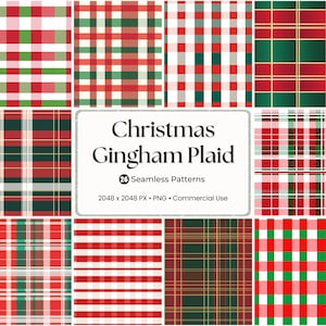 May include: A collection of 26 seamless Christmas gingham plaid patterns in red, green, and white. The patterns include various grid and stripe designs, perfect for holiday-themed projects. The image includes the text "Christmas Gingham Plaid".