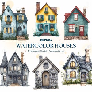 Könnte beinhalten: Aquarellillustrationen verschiedener Häuser in verschiedenen Farben, darunter Blau, Gelb und Grau. Das Bild enthält den Text "WATERCOLOR HOUSES" und "28 PNGs". Die Häuser haben einzigartige architektonische Details und sind für die kommerzielle Nutzung geeignet.
