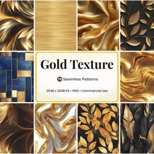 May include: A collection of gold textures, including patterns with leaves, flowing fabric, and geometric designs. The image features a central text box that reads "Gold Texture" with details about the patterns.