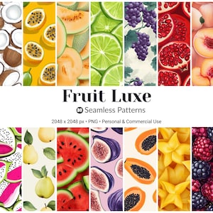 May include: A collection of seamless patterns featuring various fruits, including coconuts, passion fruit, cantaloupe, limes, grapes, pomegranates, peaches, dragon fruit, pears, watermelon, figs, papaya, and star fruit. The text "Fruit Luxe" is displayed.