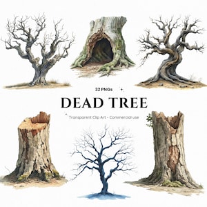 Puede incluir: Ilustraciones en acuarela de árboles muertos y tocones. La imagen incluye seis representaciones diferentes de árboles, mostrando varias formas y texturas. El texto "DEAD TREE" se muestra, junto con "32 PNGs" y "Transparent Clip Art - Commercial use."