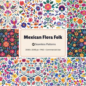 May include: A collection of colorful floral patterns with a Mexican folk art theme. The designs feature vibrant flowers, birds, and foliage in various arrangements. The image includes the text "Mexican Flora Folk" and details about the patterns.