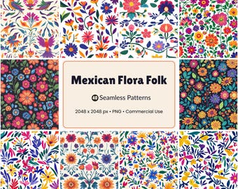 Mexican Flora Folk Seamless Patterns | 40 Colorful Floral PNG Textures | Folk Art Digital Papers | Commercial Use