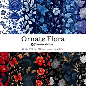 Può includere: Immagine digitale che mostra 50 motivi floreali senza cuciture. I motivi presentano fiori e fogliame in tonalità di blu, rosso, nero e bianco. Il testo "Ornate Flora" è visualizzato sopra i campioni di motivi.