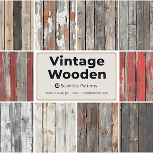 May include: A collection of nine seamless wooden patterns in various colors, including gray, red, and brown. The patterns feature distressed wood textures with peeling paint. The image includes text that reads "Vintage Wooden" and "45 Seamless Patterns".