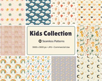 Kids Seamless Patterns: Baby Animals, Rainbows, Stars (PNG Digital Papers, Commercial Use)