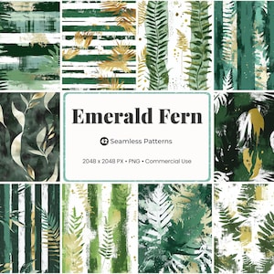 May include: A set of 42 seamless patterns with an emerald fern theme. The patterns showcase diverse designs with green and gold fern leaves, stripes, and abstract brushstrokes. The text "Emerald Fern" is displayed in the centre.