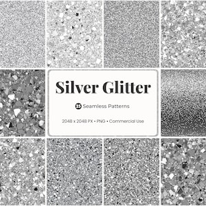 Puede incluir: Una colección de patrones sin costuras de purpurina plateada. La imagen presenta varias texturas, incluyendo purpurina fina, piezas reflectantes más grandes y un efecto degradado. El texto en la imagen dice "Silver Glitter" y "25 Seamless Patterns".
