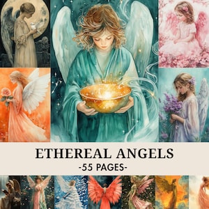 May include: A collection of watercolor illustrations featuring ethereal angels. The images showcase angels with wings, holding objects like a dove, a rose, and a golden bowl. The text "ETHEREAL ANGELS -55 PAGES-" is displayed at the bottom.